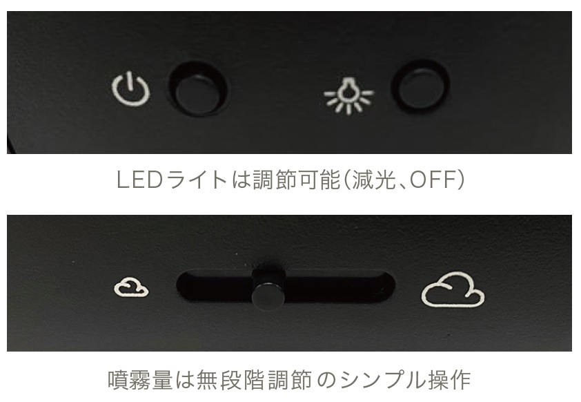 電源・ライト・噴霧量調節の簡単操作パネル